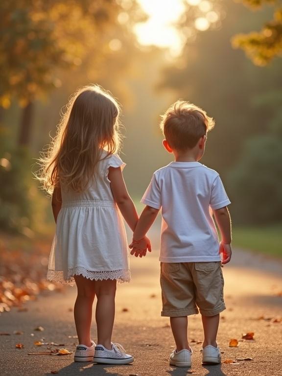 A beautiful sister wearing a white dress holds hands with her young brother in a warm-lit outdoor setting. They are standing on a tranquil path during sunset. Soft sunlight illuminates their backs, capturing their innocence and togetherness.