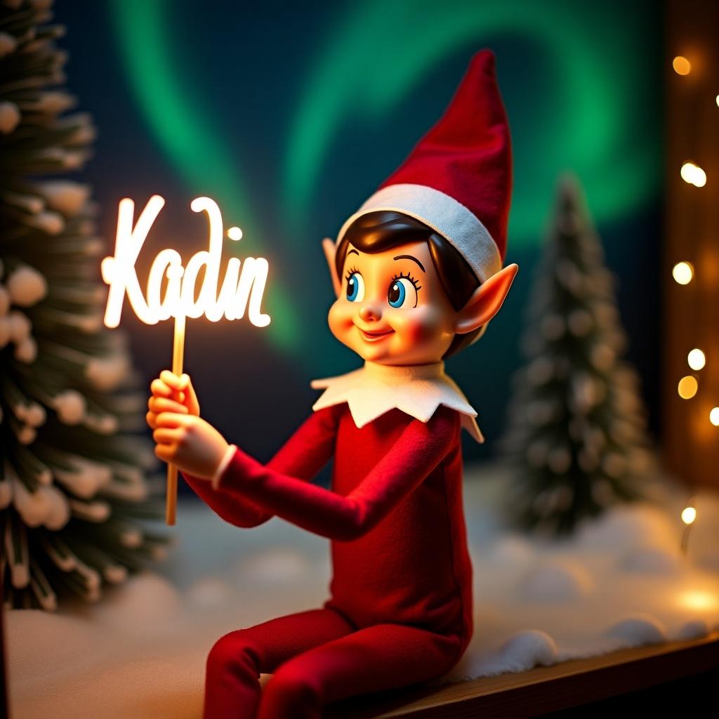 Elf dressed in festive holiday attire. Elf holds a glow stick forming the name 'Kadin'. Background features northern lights with a cheerful and festive setting.