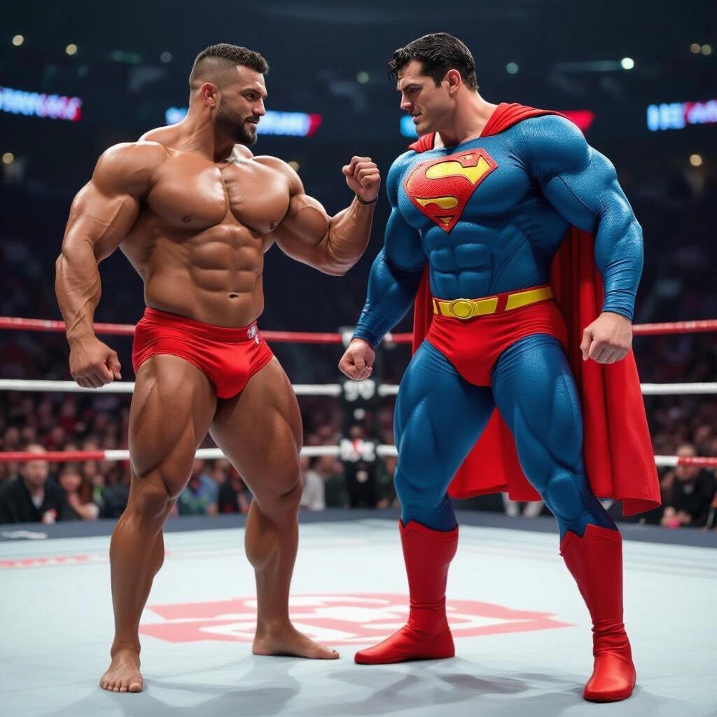 Powerlifter in tight red briefs flexing against Superman in a super suit inside a wrestling ring.