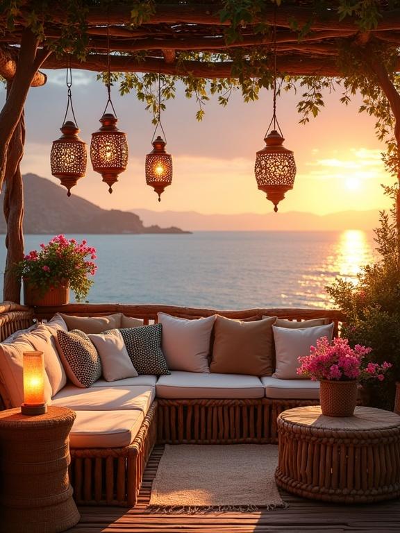 Cozy coastal seating area at sunset with rustic and bohemian design elements. Elevated terrace with calming sea view. Warm golden light enhances relaxing vibe. Features hanging lanterns and floral decorations. Soft cushions and textured textiles create inviting atmosphere.