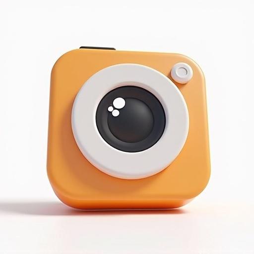 3D representation of a camera icon with an orange square design and a prominent lens.