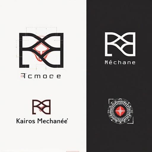 Logos for 'Kairos Mechané'. Design explores intersection of time and technology. Minimalist style with monochromatic colors. Avoid common clichés. Strong glyphs featuring geometric forms. Red accents may be included for emphasis.