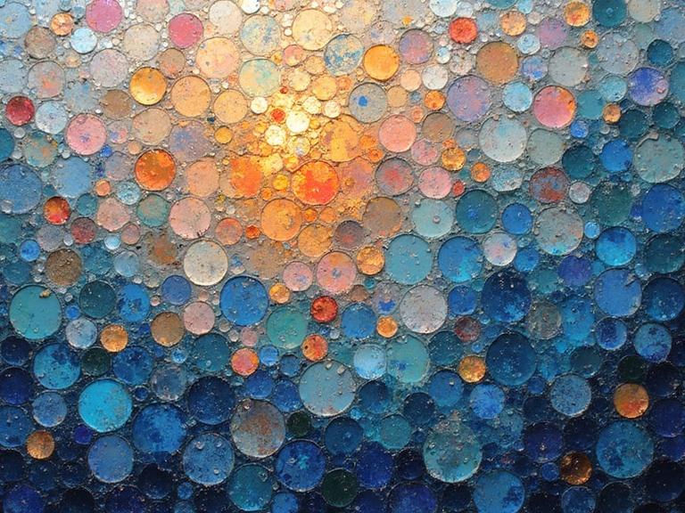 Iridescent ceramic tile and glass mosaic in an ethereal abstract style featuring katanga and encaustic mixed media