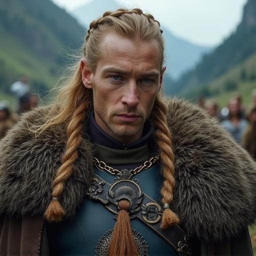 Create an image featuring a Viking character with long braided hair dressed in a fur-lined cloak. The character stands in a natural landscape with mountains in the background.