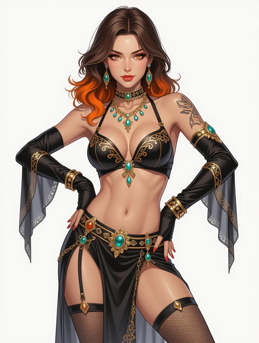 Full body androgynous pole dancer in show attire. Subject has medium brown hair with orange highlights and orange eyes. Adorned with jewelry. High-quality digital rendering against white backdrop.