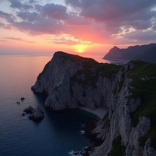 Viewpoint at Cap de Creux during sunset. Cliffs drop into calm ocean waters. Colorful sky with sunset hues. Serene, natural scenery.