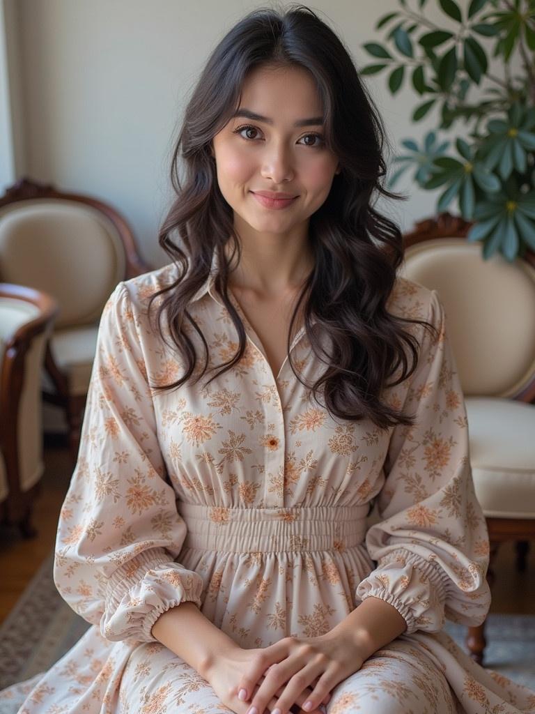 A woman wearing an elegant floral dress is seated. The dress has long sleeves and a gathered waist. The setting is an interior with soft colors and natural light. There is a plant in the background and vintage furniture around her.