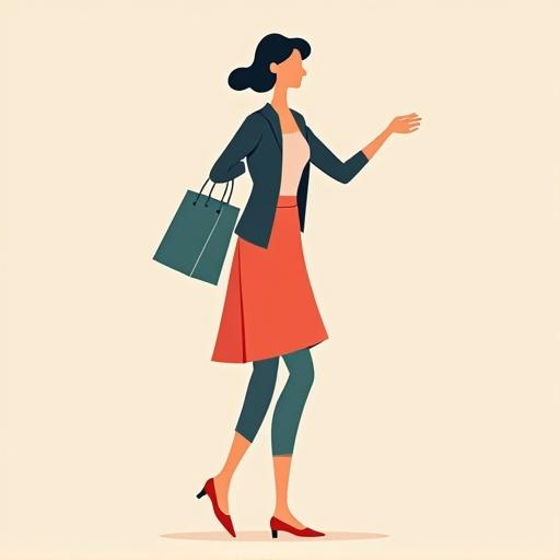 Flat illustration of a woman shopping using simple forms and shapes. The design is minimalist with vector style features.
