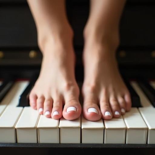 Image shows a young woman's feet. The toenails have white polish. The feet are positioned over the keys of a piano. Focus is on the feet and piano.