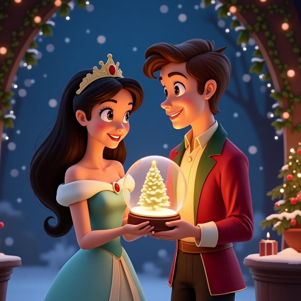 A couple holds a Christmas snow globe. Characters inspired by Tiana and Louis. Background features snowflakes and festive decor. Cozy winter scene.