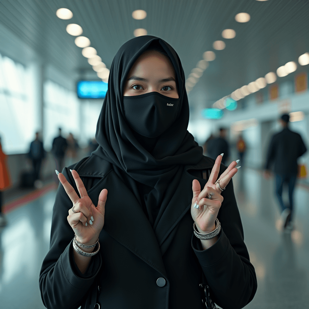 A person wearing a mask and making peace signs in a busy, modern airport hallway.