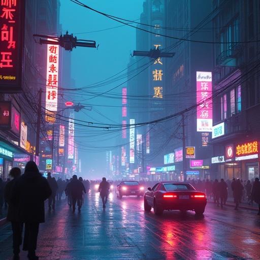 A vibrant cyberpunk city street filled with neon lights. Digital art showcases a futuristic setting. Rain-slicked roads reflect glowing signs. Pedestrians walk amongst the neon advertisements. Flying vehicles hover above the bustling environment. Volumetric lighting adds depth to the scene.