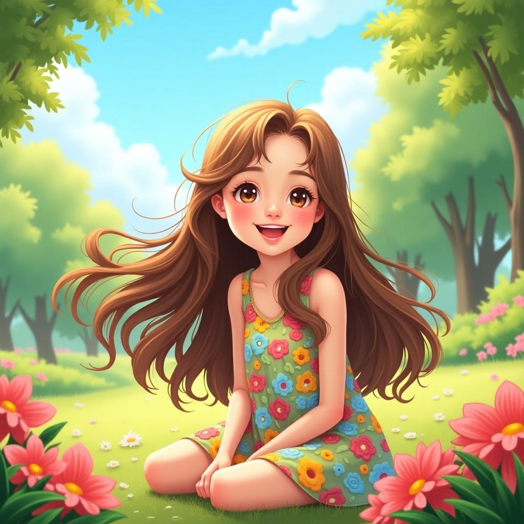 Girl with long hair sitting in a colorful floral dress in a vibrant garden setting.