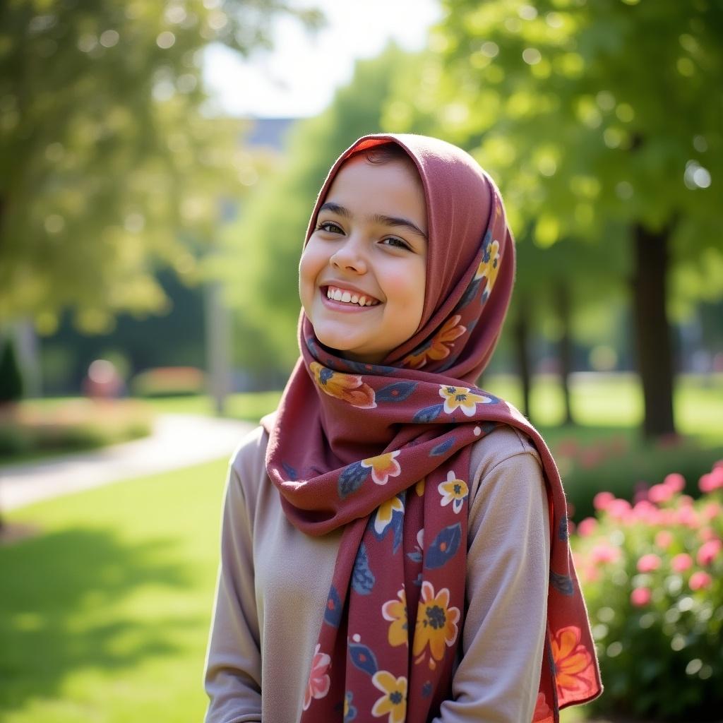 A smiling teenage girl wearing a hijab in a beautiful outdoor park setting. The girl exudes happiness and confidence. Bright flowers and green trees in the background create a warm atmosphere.