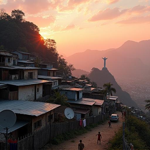 A hillside favela at sunset with tin-roofed homes stacked chaotically. Satellite dishes and laundry are present while children play soccer on a dirt path. The Christ the Redeemer statue is visible in the distance against a backdrop of pink clouds.