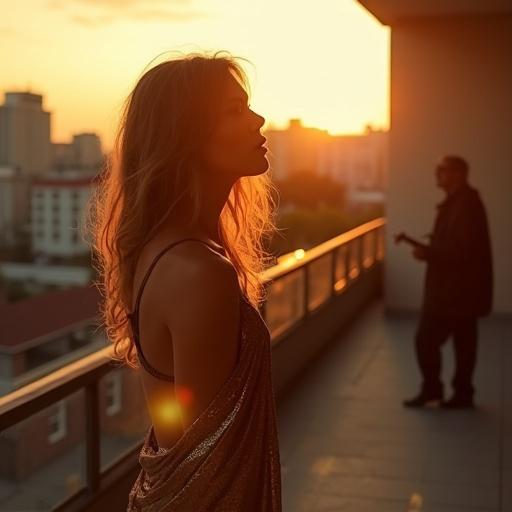 A dancer stands on a rooftop terrace during sunset. Shimmering fabric drapes over her shoulders. She gazes at a figure in a neighboring building. A street performer plays guitar. The scene has a cinematic feel with motion blur and reflection. Tension and vulnerability are present.