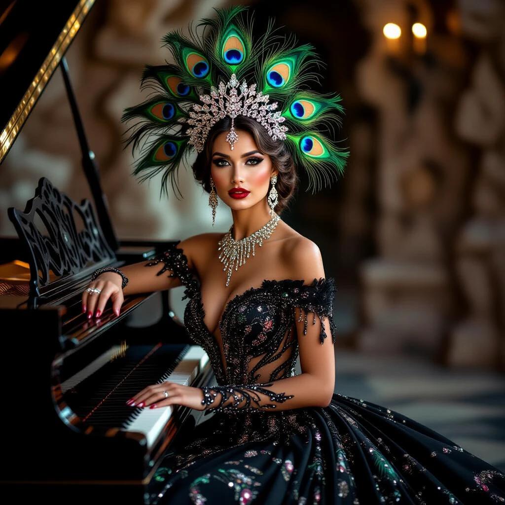 Woman in a black gown with beadwork and feathers. She poses at an antique piano. The setting is dimly lit and atmospheric. An elaborate headdress has peacock feathers. Her makeup and expression are bold and sultry. The scene shows elegance and enchantment.