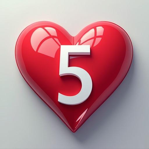 A logo features a number 5 prominently displayed inside a heart shape. The heart is glossy and red, giving it a three-dimensional appearance. The design is simple yet bold, suitable for various romantic themes.