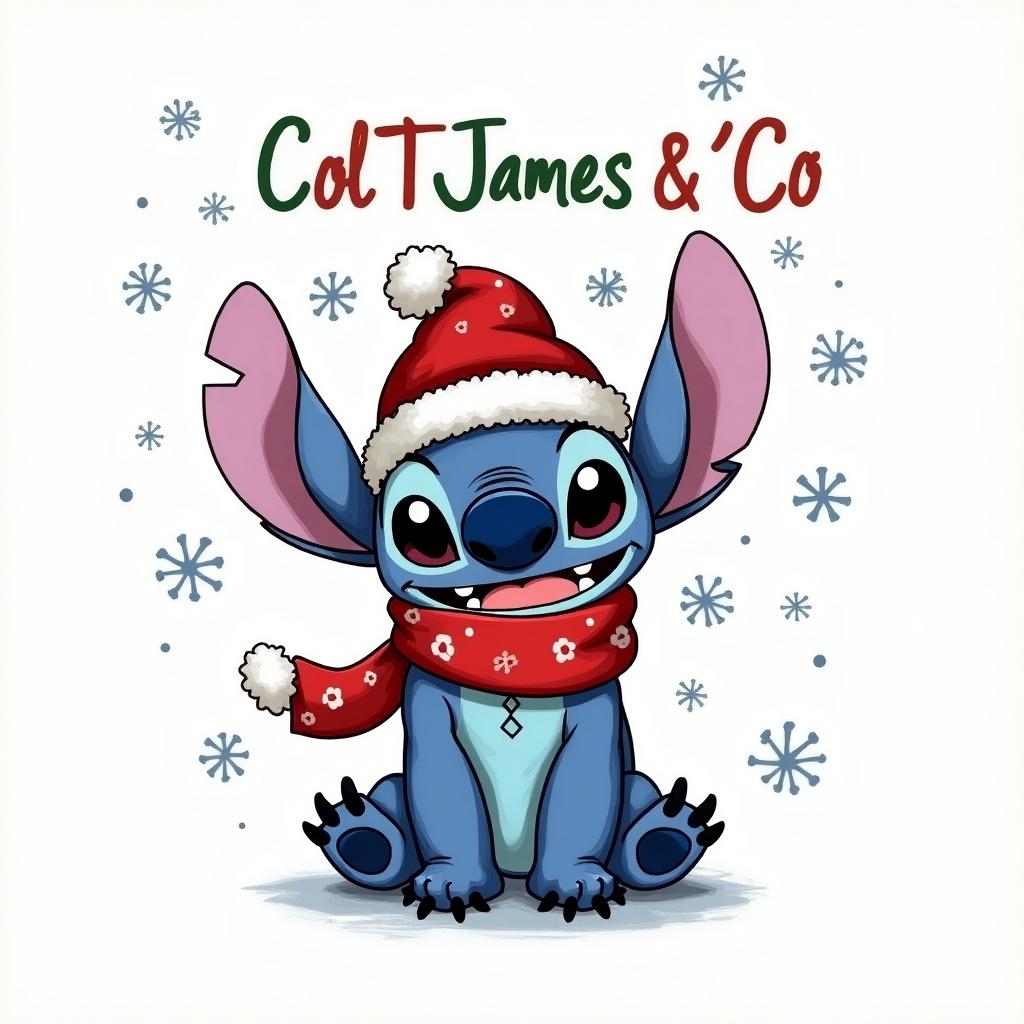 Drawing of Stitch character wearing a festive Christmas hat and scarf with cheerful expression. Name 'Colt James & Co' in colorful letters. Snowflakes scattered around.