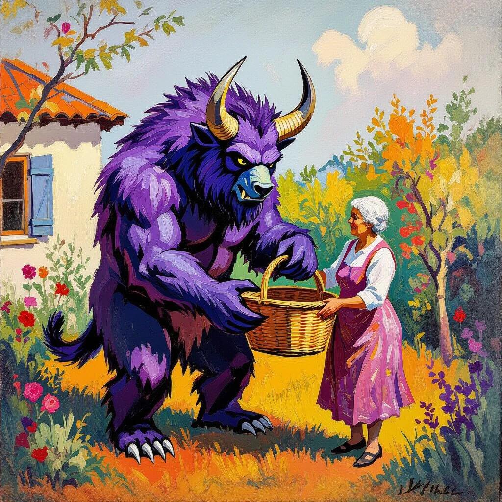 A large beast with wild violet fur and horns stands in a vibrant garden. The beast helps an elderly woman carry a basket. The scene contrasts the fierce shape of the beast with the gentle act. Exaggerated anatomy and expressive colors dominate the image. The painting evokes the style of Henri Matisse and André Derain, joyful yet raw in its emotion, with saturated colors and bold brushstrokes.
