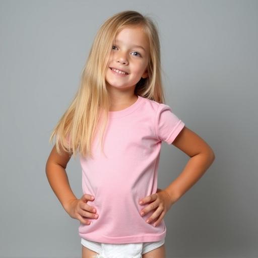 Image of a four year old girl with long blonde hair. She wears a fitted pink t-shirt and a white diaper. The background is soft gray. Her pose is relaxed with one hand on her hip. The lighting is soft and inviting, creating a playful feel. This scene captures early childhood moments and casual home life.