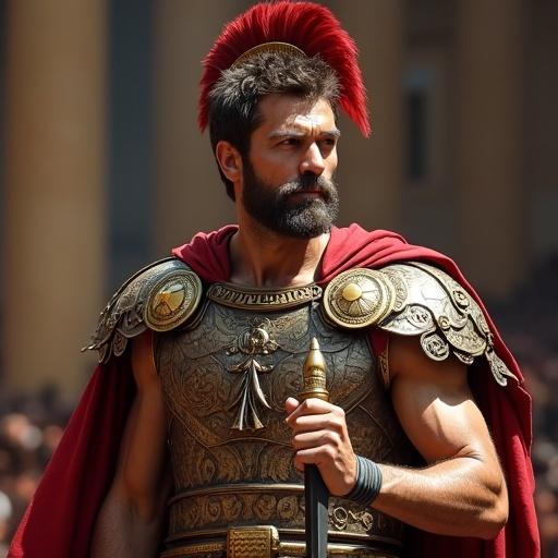 A Roman emperor stands boldly in detailed armor. The figure conveys strength and authority. Bright lighting highlights the intricate designs of the armor. The setting suggests a historical atmosphere. The person appears confident. The background hints at a crowd and ancient architecture.