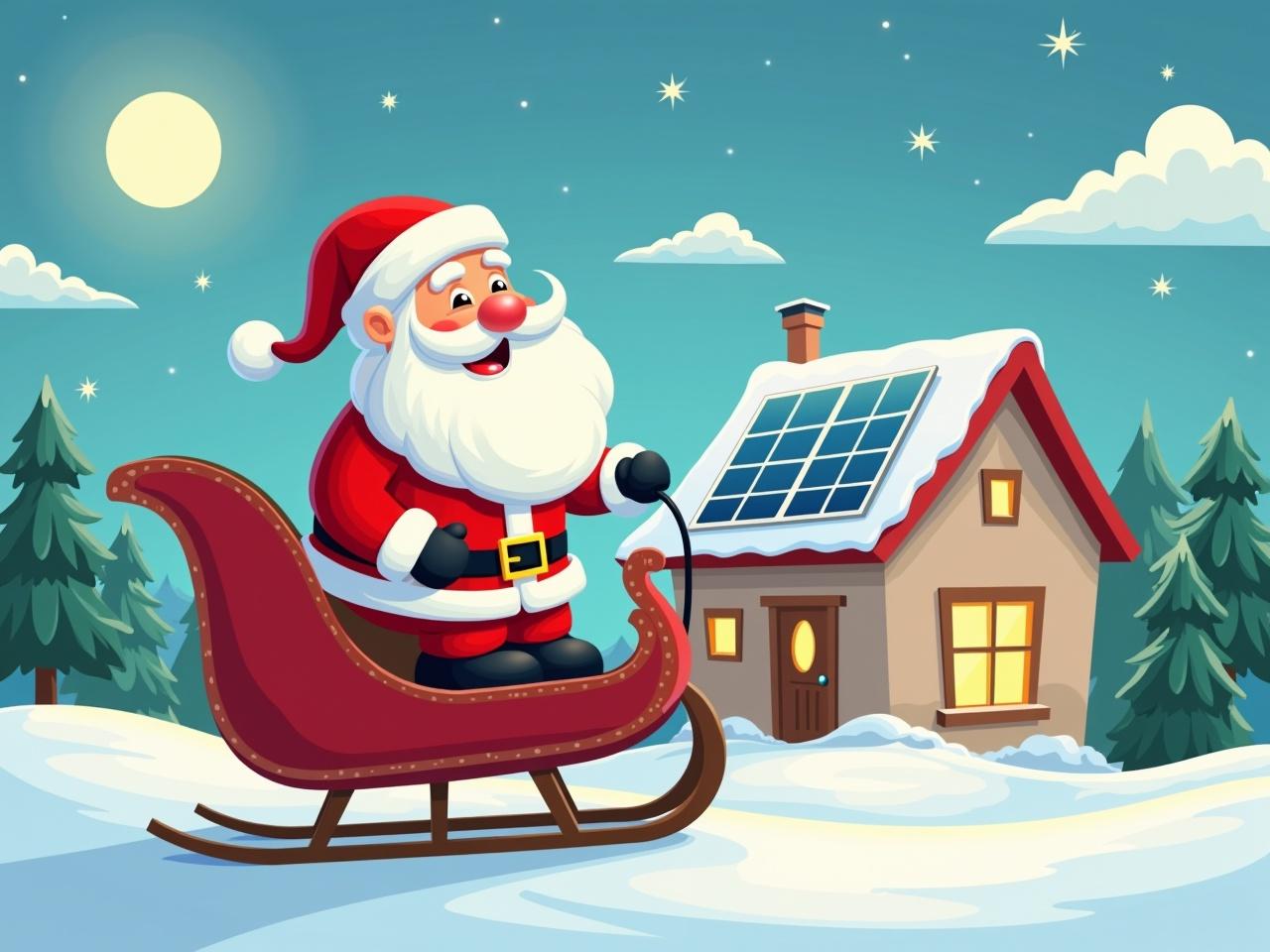 Santa Claus rides on an electric-powered sleigh outside a house with solar panels on the roof. The scene is illustrated in a cartoon style.