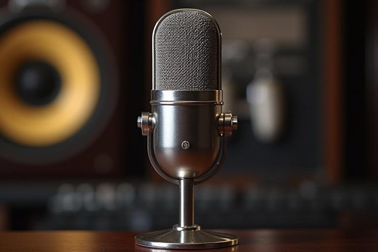 Microphone in a podcast studio setting. Retro stainless steel microphone with shiny surface. Bold design of the microphone stands against audio equipment. Microphone is prominently in focus.