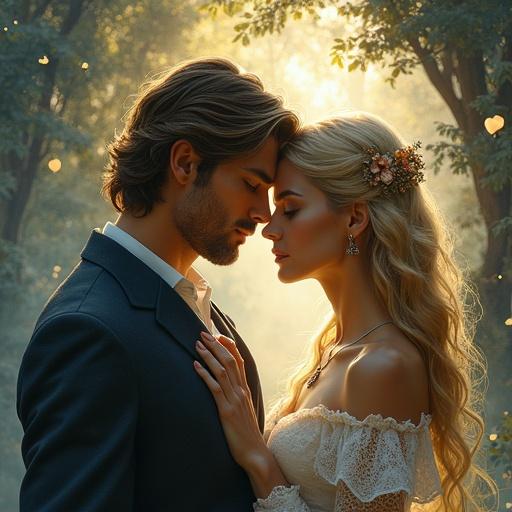 Fantasy drawing of a man with a woman with golden hair in a fantasy world