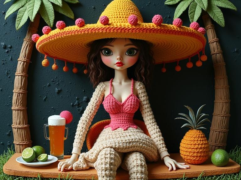 A whimsical artistic scene featuring a crocheted female model. Model adorned with a sombrero shaped mushroom cap. Sitting in a crocheted hammock. Holding a crocheted beer. A crocheted table with limes. Surrounded by crocheted trees and grass. Mixed media elements included.
