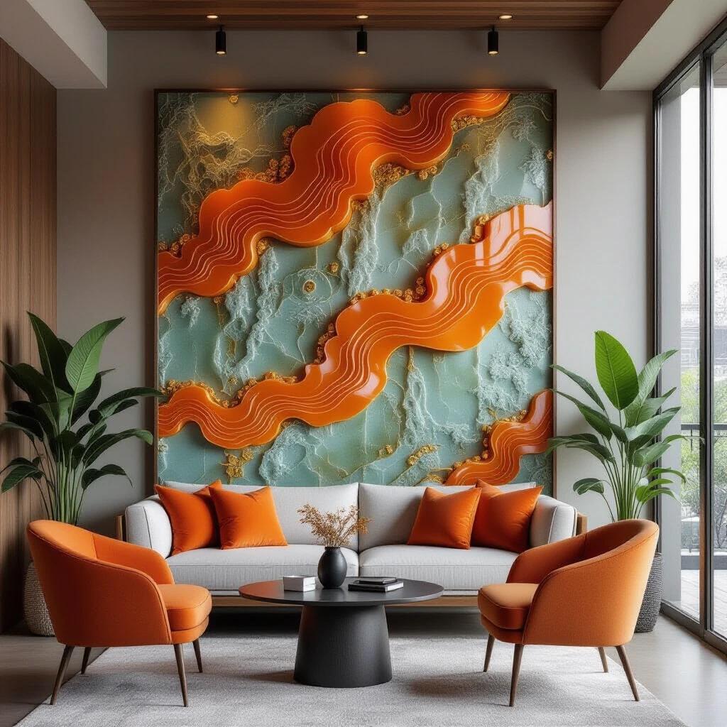 Colorful wall art made of orange jade. Comfortable seating area in a modern living room. Bright natural light fills the space. Decorative plants enhance the aesthetics. Elegant design with contemporary furniture and stylish accents.