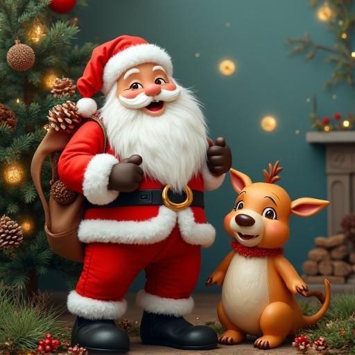 Animated Santa with white beard in red suit. Happy expression. Small animal with orange fur nearby. Cozy Christmas setting with decorations. Pine trees in background. Soothing colors and warm ambiance.