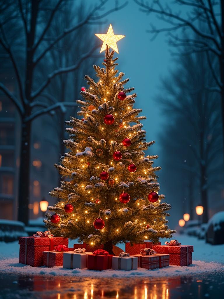 A tall Christmas tree in a snowy evening setting. The tree is brightly lit with golden lights. Red ornaments hang from the branches. Snow covers the ground. Decorations surround the base of the tree. Wishes and the YouTube name SV Academy is visible on the gifts.