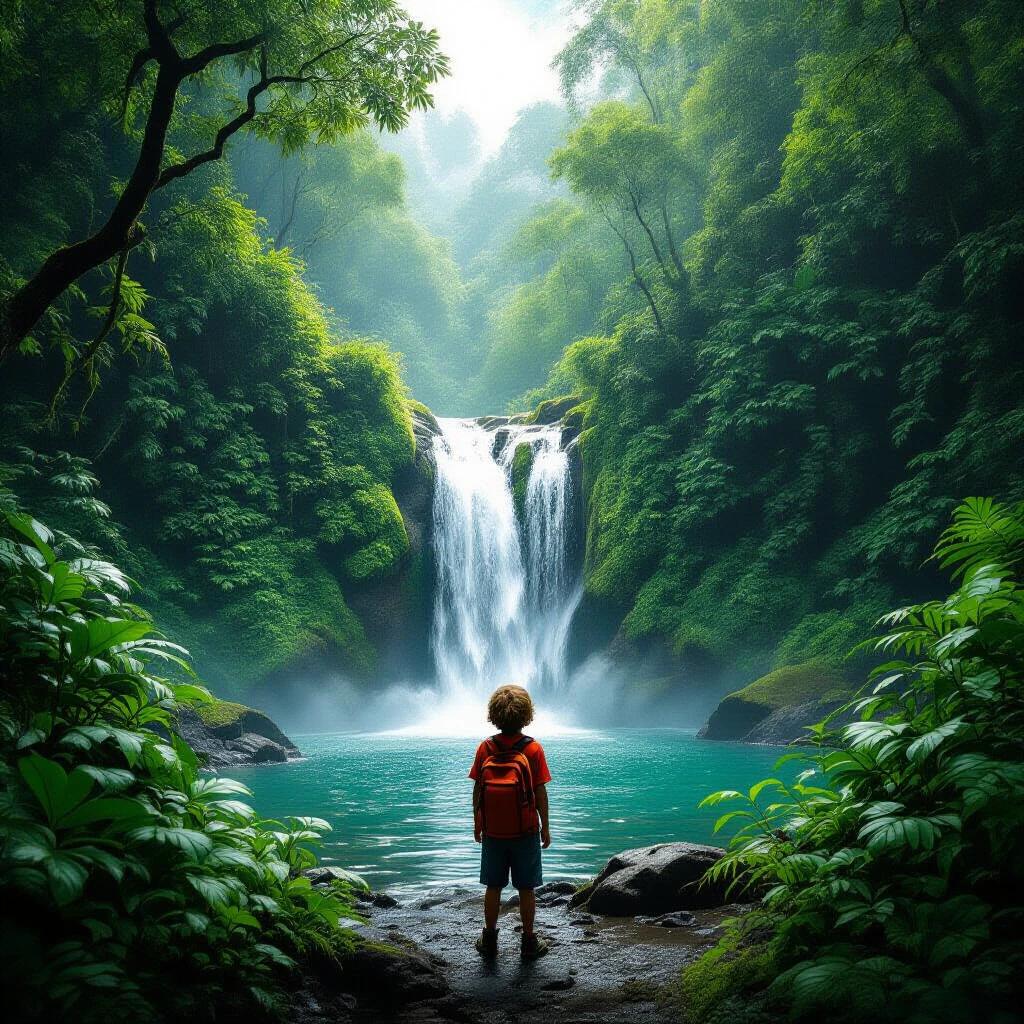 Child stands at the edge of a stream surrounded by lush jungle. Waterfall cascades in the background. Sunlight filters through dense greenery. Child wears a bright orange backpack. Scene resembles a cinematic adventure.