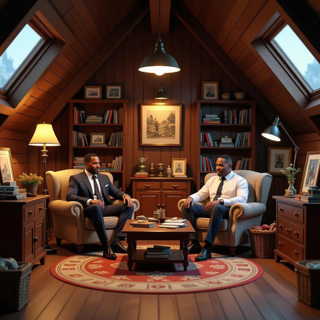 Illustrated animated room with vintage study feel. Cozy attic filled with symbols of Will Smith's movies. Warm lighting creates nostalgia. Detailed objects represent various films. Visual discovery through layering. No text or faces present.