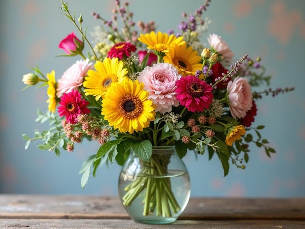 A beautiful wildflower bouquet arranged in a simple vase. The flowers vary in colors, including bright yellows, soft pinks, and deep reds. Delicate greenery surrounds the vibrant blooms, adding a lush feel to the arrangement. The vase sits on a rustic wooden table, enhancing the natural beauty of the flowers. The background is softly blurred, drawing focus to the wildflower bouquet.