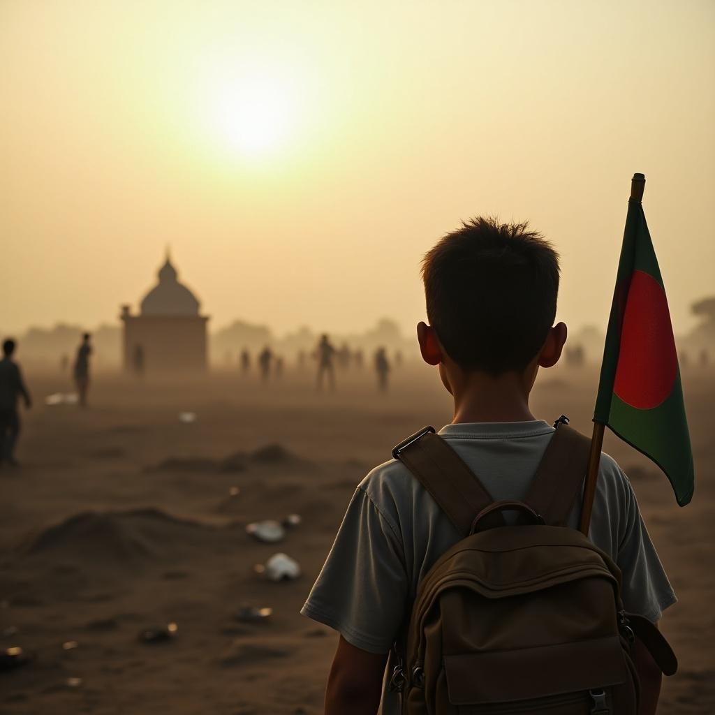 A boy stands holding a flag of Bangladesh. The setting is a battlefield in the background. The time is dusk, casting a somber mood. The boy is unaware of the chaos, focused on the horizon.