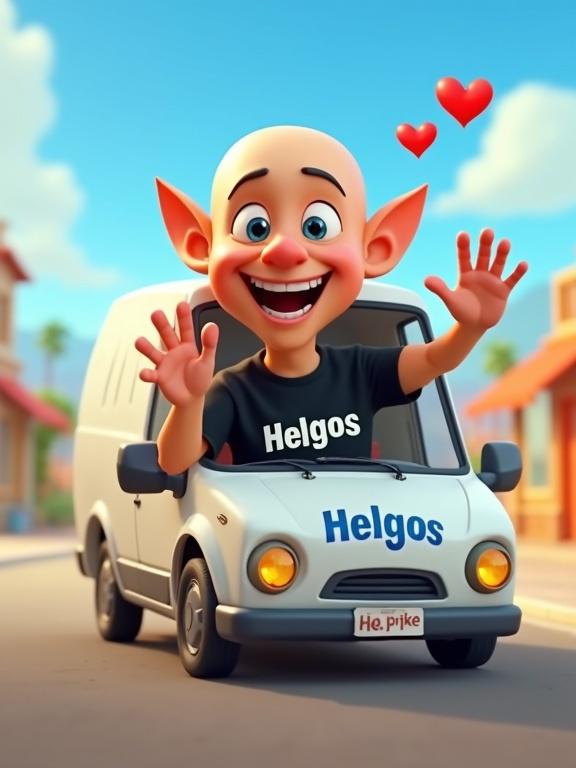 Joyful bald man with large ears sits in small white Ford van. Black t-shirt with 'Helgos'. Cartoon style inspired by Pixar. Waving happily with one hand. Sending red heart emojis with the other. Smiling face. Van has 'Helgos' in blue. Sunny day with blue sky. Colorful and playful scene. Exaggerated proportions and vibrant lighting. Stylized 3D look.