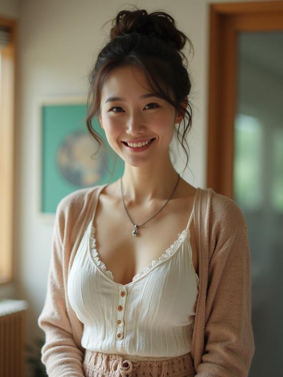 A 40 years old Japanese woman wearing an open cardigan over a flimsy tank top. The outfit showcases a deep neckline with an emphasis on a full bust. A casual skirt complements the look. A necklace adorns her neck. The setting features soft lighting and warm colors, creating a natural and inviting atmosphere.
