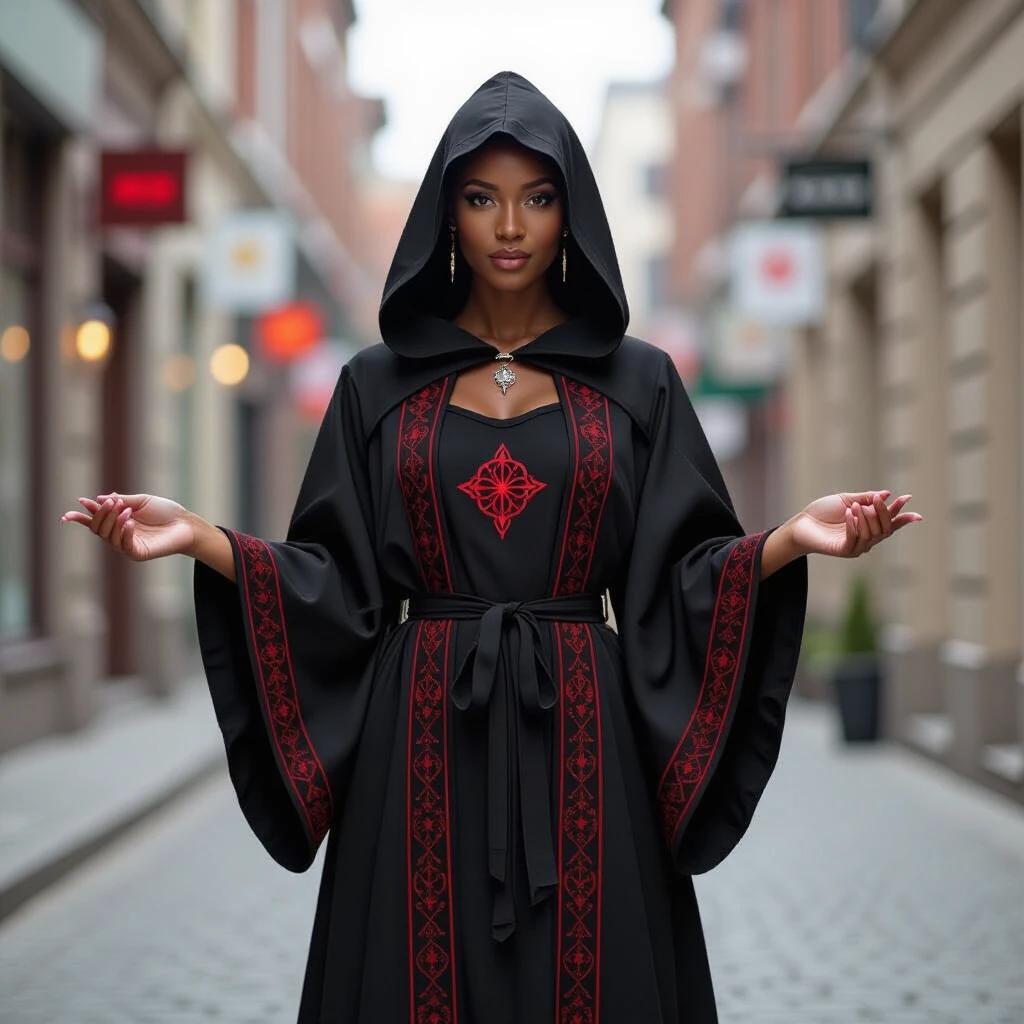 Black woman wears a black mage robe. The robe features mystical red symbols. The figure stands in an urban street. The hood is down and arms are outstretched.