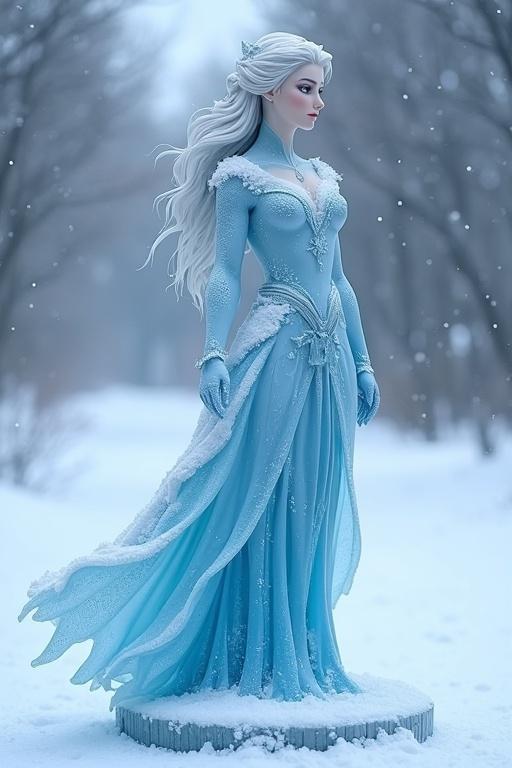 Beauty ice woman statue in blizzard background. Elegantly dressed figure with flowing hair and gown. Snow covers surrounding landscape.