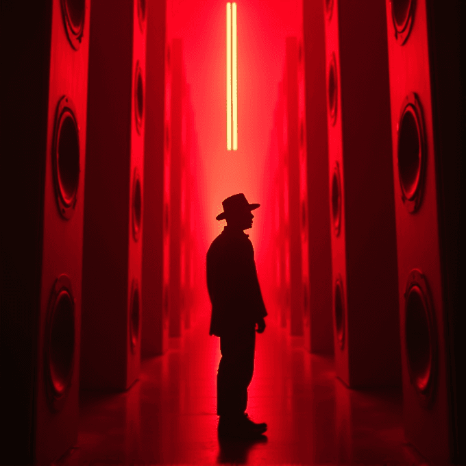 A silhouette of a man in a hat stands amidst towering speakers bathed in dramatic red lighting.