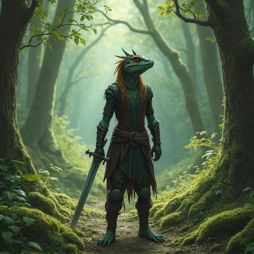 Lizardfolk character in leather armor stands with sword in a magical forest filled with secrets. No other characters present.