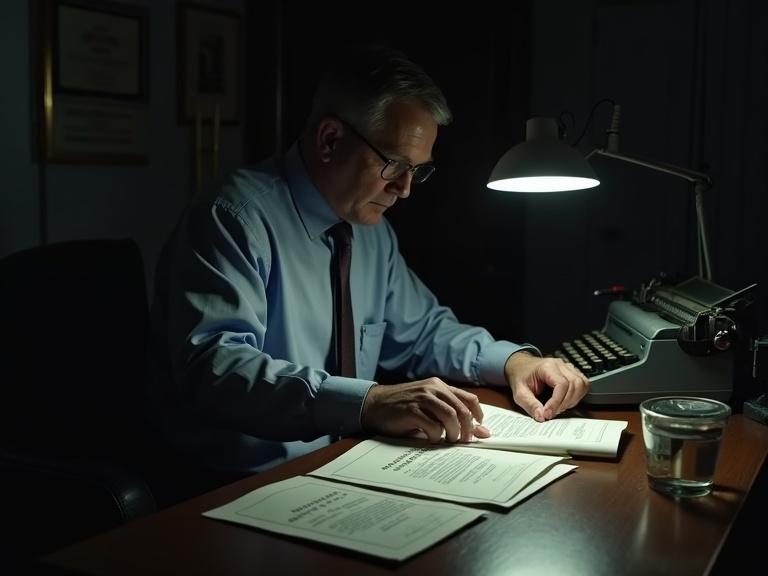A government official reading documents in a dimly lit office. Old-school typewriter on the desk. Documents spread out. The atmosphere evokes secrecy and focus.