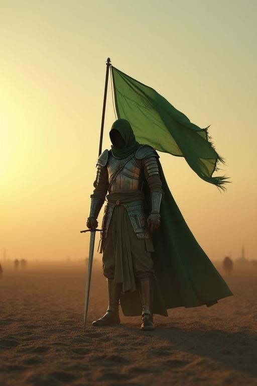 Powerful 3D image of a Muslim warrior in ancient armor standing in a vast empty battlefield at dawn. Warrior holds sword downward, head slightly bowed, face wrapped in cloth. Sky glows with early light, mood is somber and noble. Green banner waves in the wind, symbolizing justice and humility.