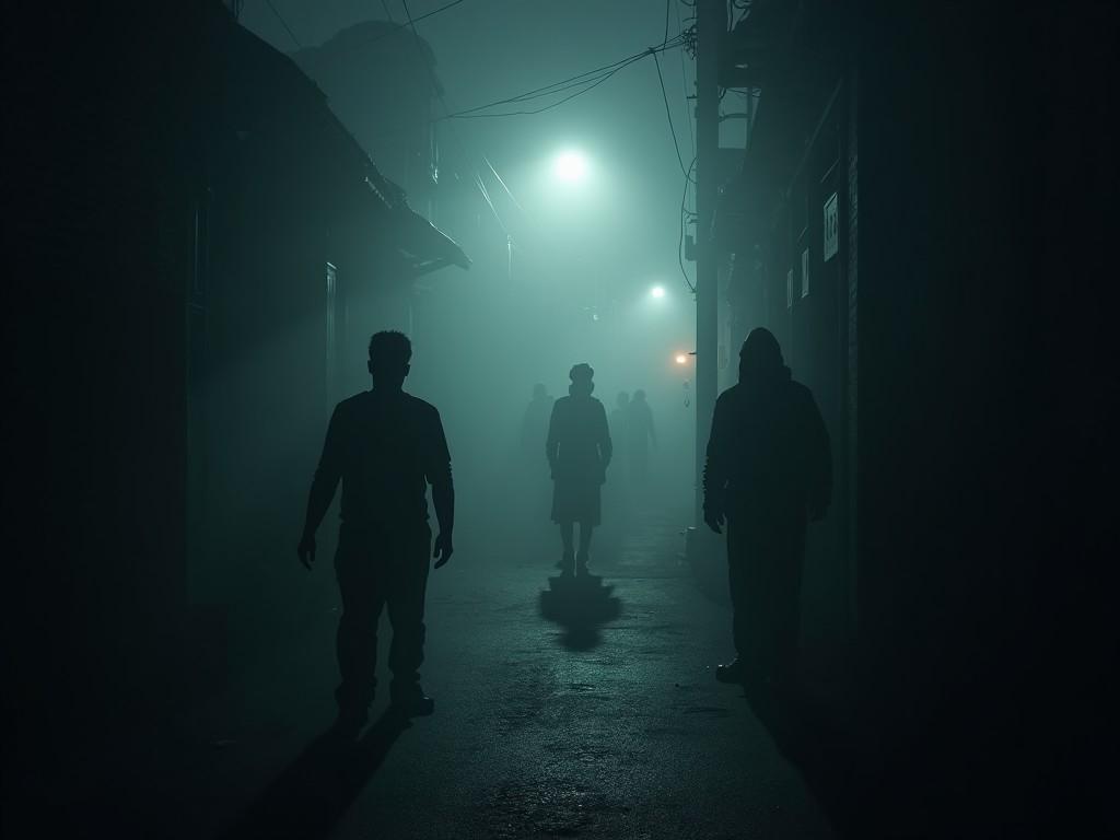 A dark and atmospheric background features a foggy alley at night, evoking a sense of suspense. Silhouettes of shadowy figures are seen lurking in the distance, enhancing the mystery. Hints of light break through the dense fog, suggesting the possibility of hope or discovery. This scene captures the mood of an urban legend or a suspenseful narrative. The overall aesthetic combines elements of horror and intrigue, drawing viewers into its chilling yet enticing environment.