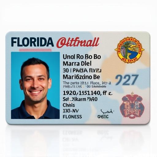 The image represents a Florida official driver's license. It features a photo on the left side. Personal information is clearly displayed. Includes name, address, and ID number, along with state logos. The layout is easy to read and organized. Overall design resembles a government-issued driver's license.