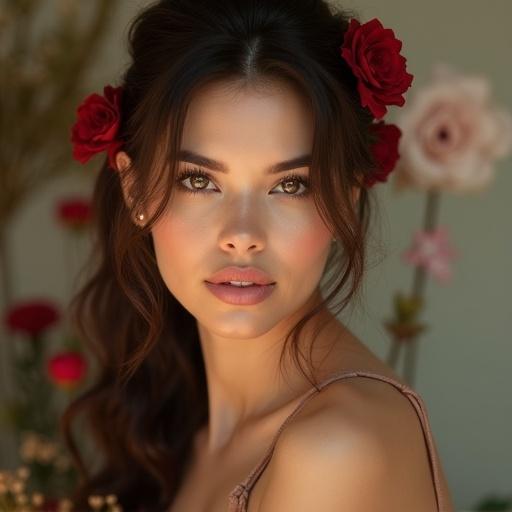 Beautiful woman with serene expression in soft lighting. Subtle floral elements in background create elegant atmosphere. Hair styled with red flowers. Wearing stylish outfit with elegant touch.