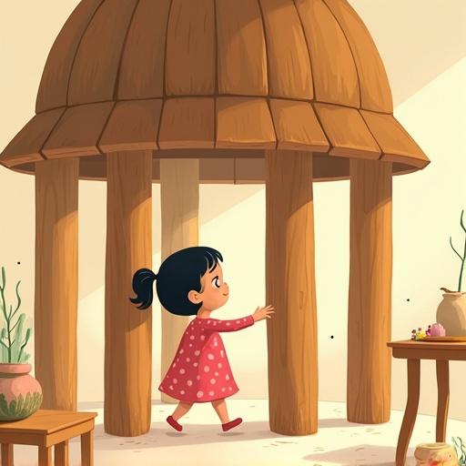 Warm flat-style illustration of a child in a wooden house. Little Leila wears a pink polka-dotted dress. She stumbles near a small table. Dust floats in the air. The house has wooden pillars and a domed roof. The space feels tight and dreamlike with dim light.