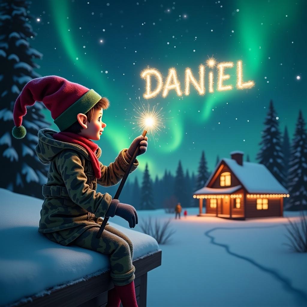 A scene with an elf on a shelf in camo. The elf writes DANIEL in the sky using a wand. The elf sits on a snowy ledge. Northern lights fill the night sky. A cozy cabin glows in the distance. The image conveys joy and holiday magic.